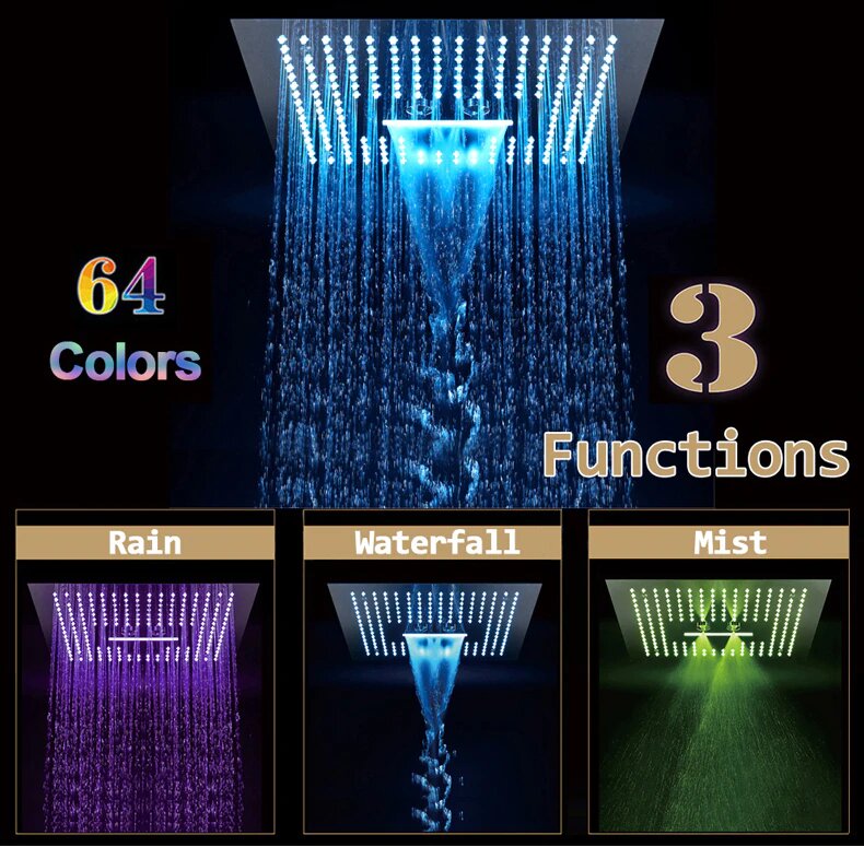 BLACK MATTE SMART WIFI BLUETOOTH SHOWER SYSTEM FLUSHMOUNT CEILING WATERFALL MIST RAIN HEAD SIZE 23"X15" THERMSOTATIC /PRESSURE BALANCE WITH 6 WAY FUNCTION DIVERTER CONTROL AND HAND HELS SPRA AND 6 JET MASSAGE SPRAYERS COMPLETED KIT