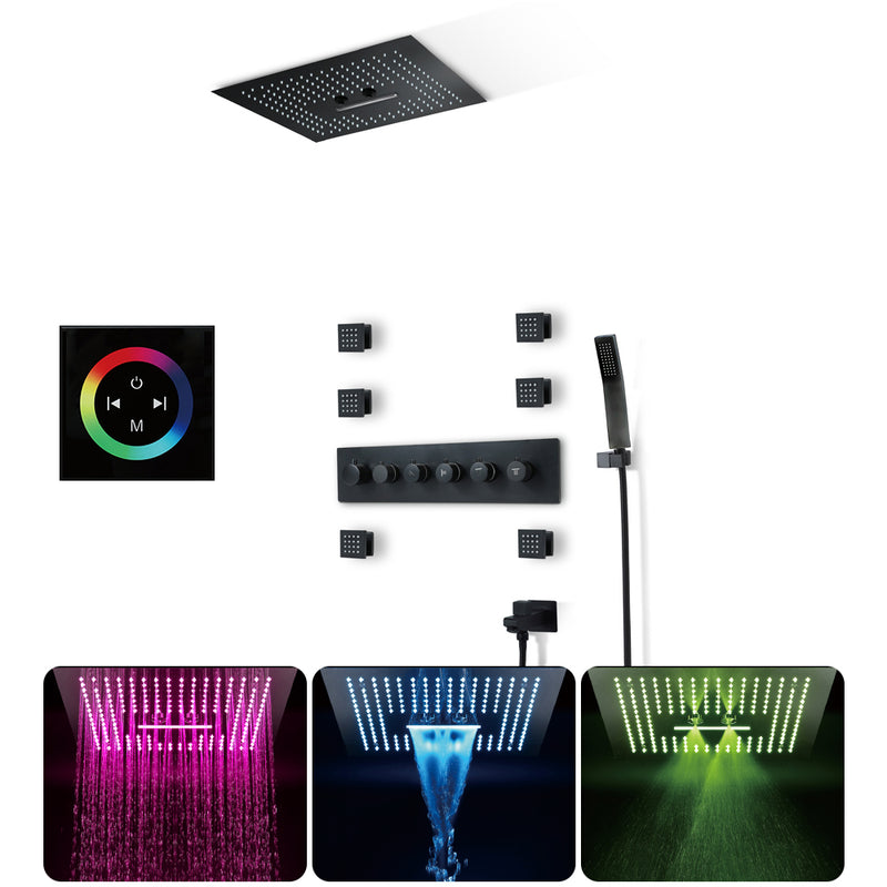 Matte Black Smart LCD Touch Control Display Shower System with 23"x15" inch Square Colorful LED Ceiling Flushmount Rainfall Waterfall SPA Thermostatic 5 Way Mixer and 6 Body Jets Sprayers Shower Kit