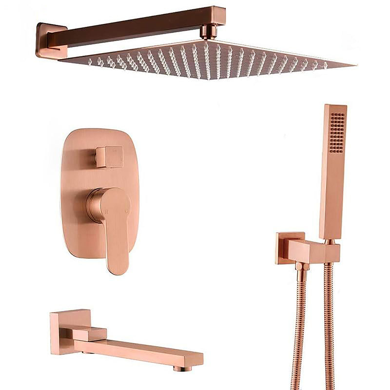 Copper Satin Square 3 Way Function Tub and Hand Spray -Pressure Balance Shower Kit