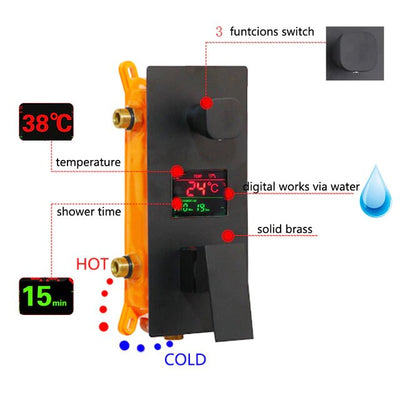 Matte Black Waterfall - Rain LCD Temperature Display 2 Way Pressure Balance Shower Kit