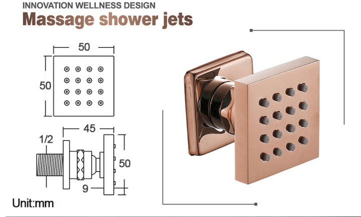 Rose gold polished Square 12" Inches Rain Head 3 way function diverter thermostatic PB with 4 body jets massage shower kit