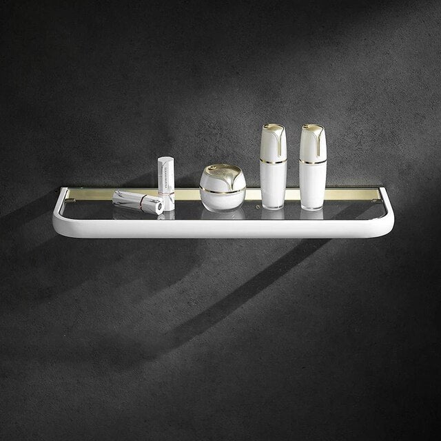 White with gold tone bathroom accessories