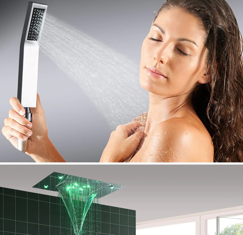 LED Waterfall Rain Ceiling Mount Shower 2 Way Diverter in Chrome Control Thermostatic Shower Kit