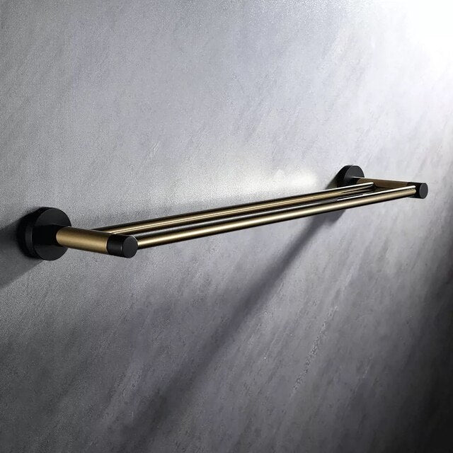 Black with brushed gold bathroom accessories