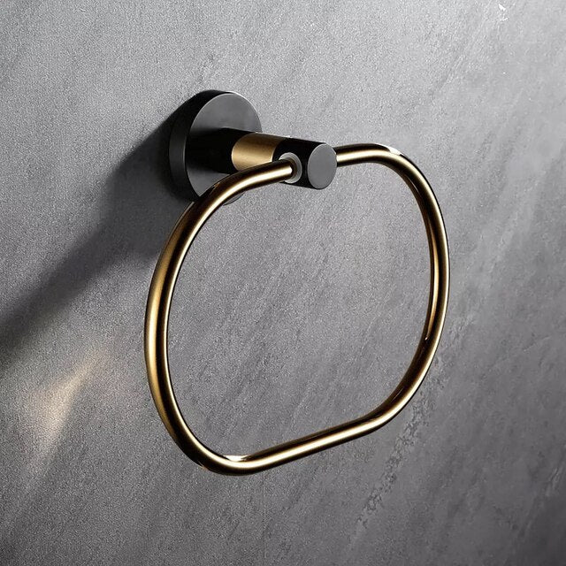 Black with brushed gold bathroom accessories