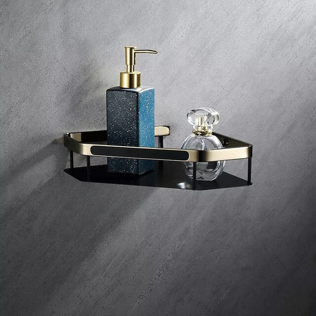Black with brushed gold bathroom accessories