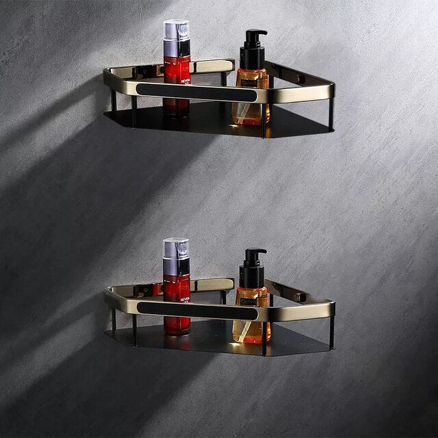 Black with brushed gold bathroom accessories