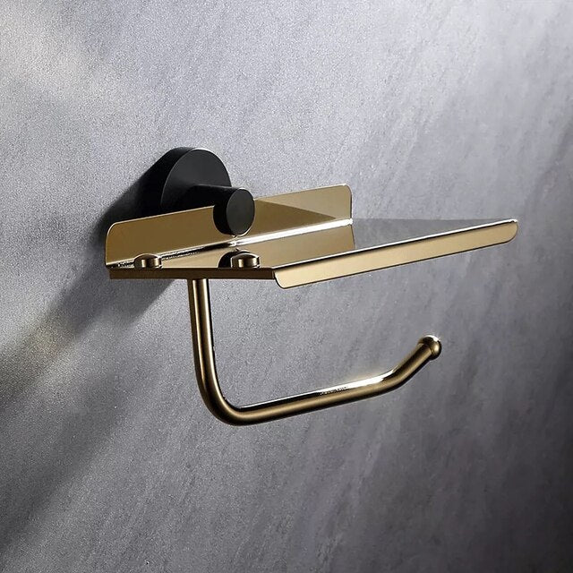 Black with brushed gold bathroom accessories