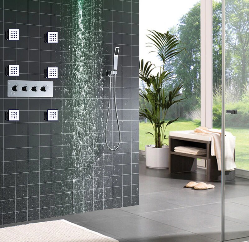 LED Waterfall Rain Ceiling Mount Shower 2 Way Diverter in Chrome Control Thermostatic Shower Kit