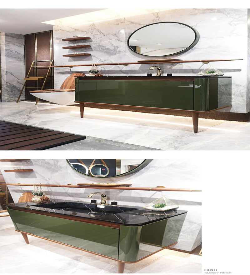 Art Deco model Turin-Green Gloss - Solid Walnut Wood 2 Front Legs Bathroom Vanity Set 30"