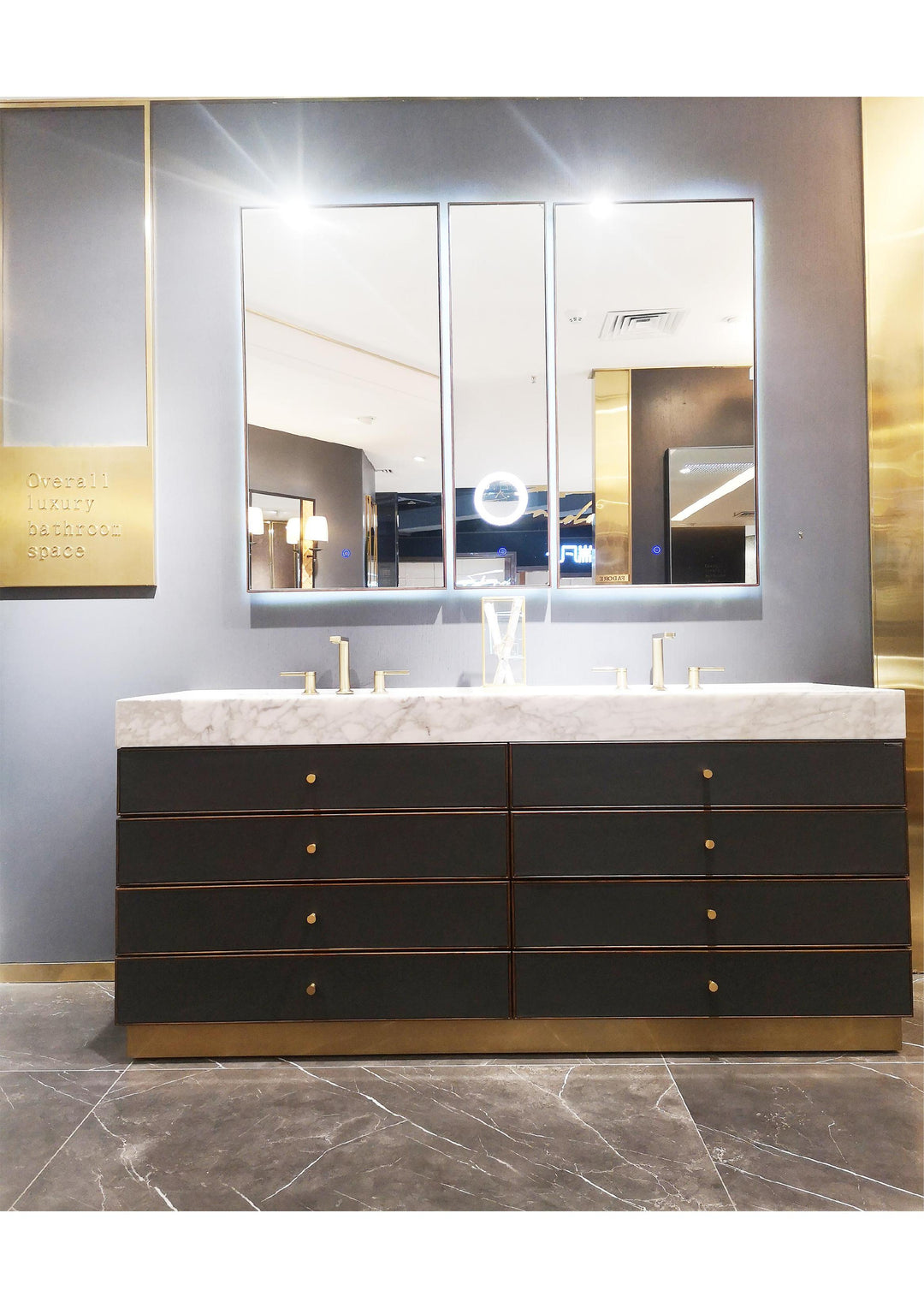 Tuscan-Grey leather with brushed gold trim solid oak wood modern bathroom vanity 48"-72"
