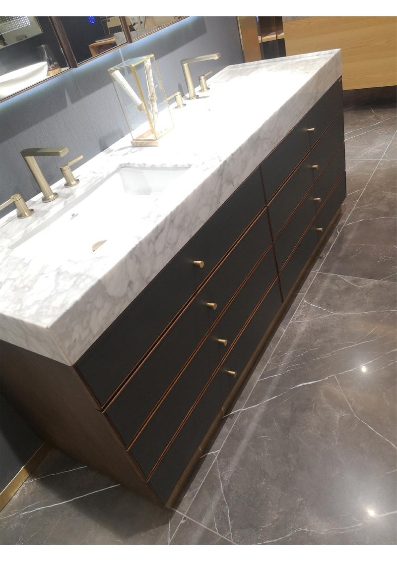 Tuscan-Grey with brushed gold trim solid walnut wood modern bathroom vanity