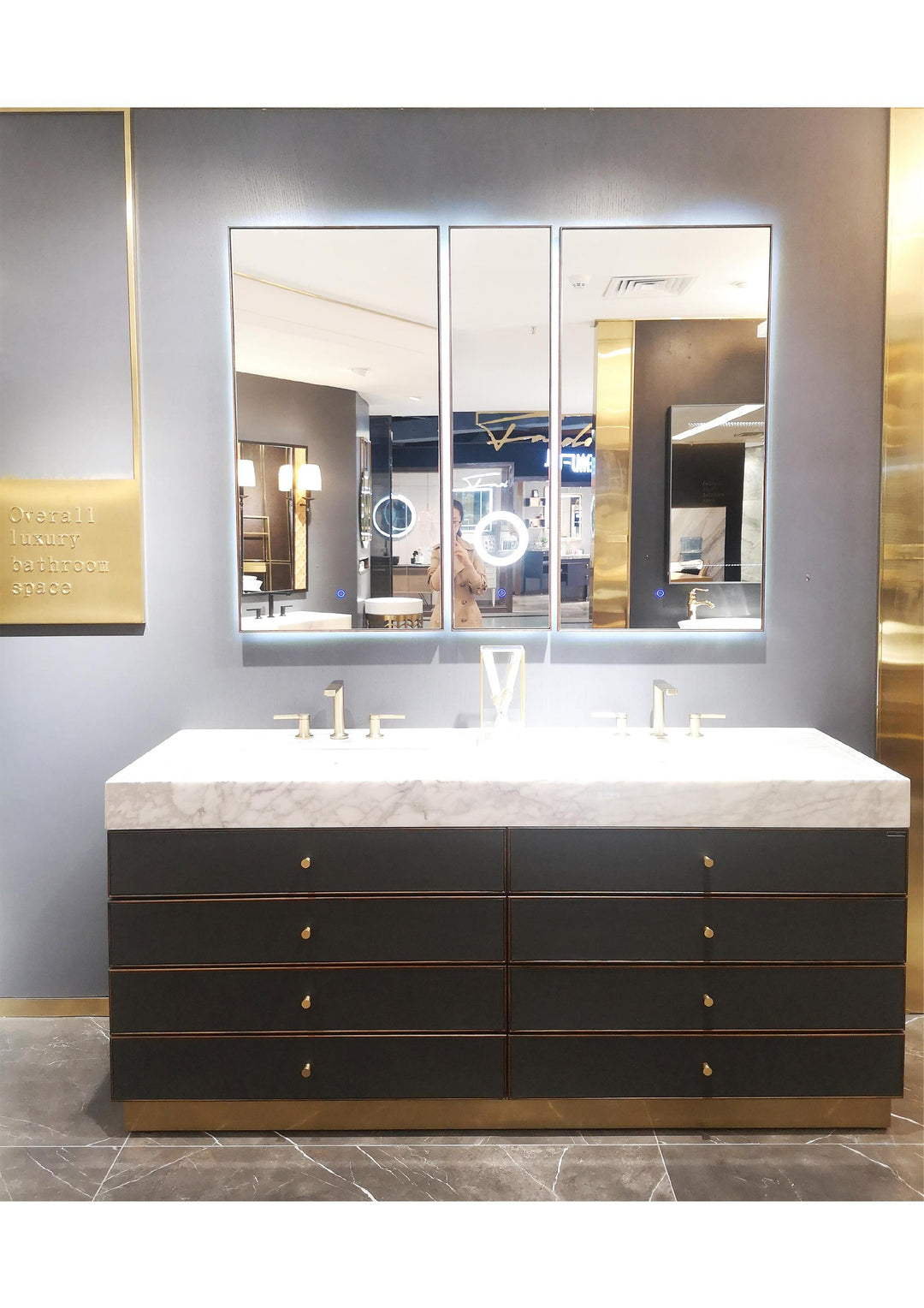 Tuscan-Grey leather with brushed gold trim solid oak wood modern bathroom vanity 48"-72"