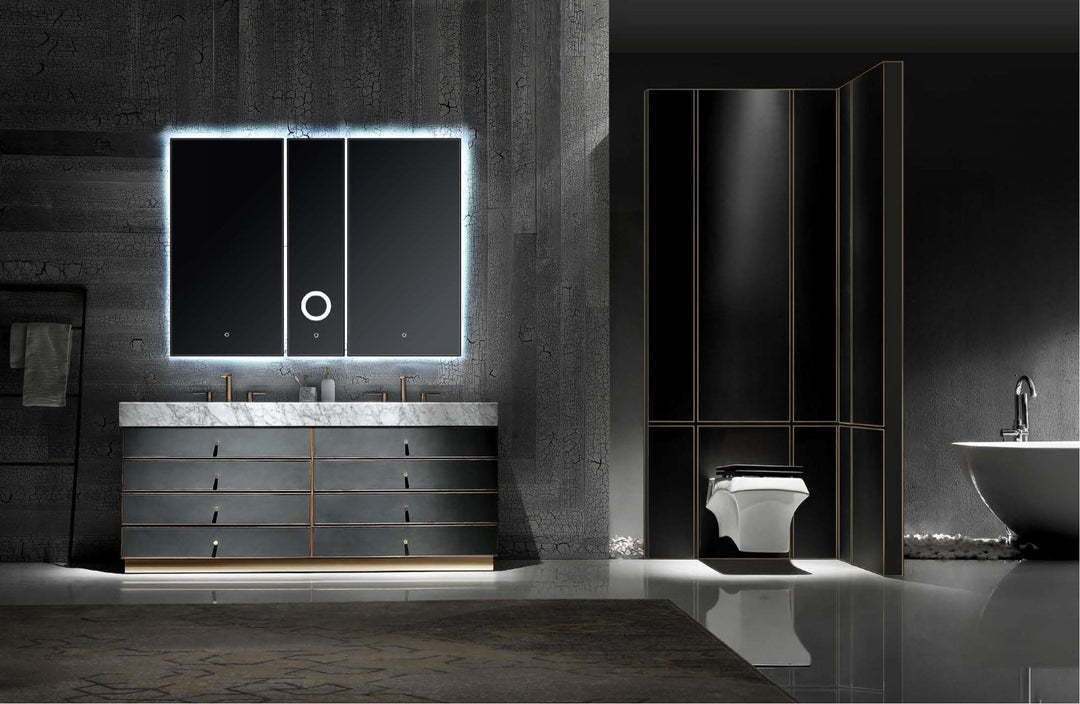 Tuscan-Grey leather with brushed gold trim solid oak wood modern bathroom vanity 48"-72"