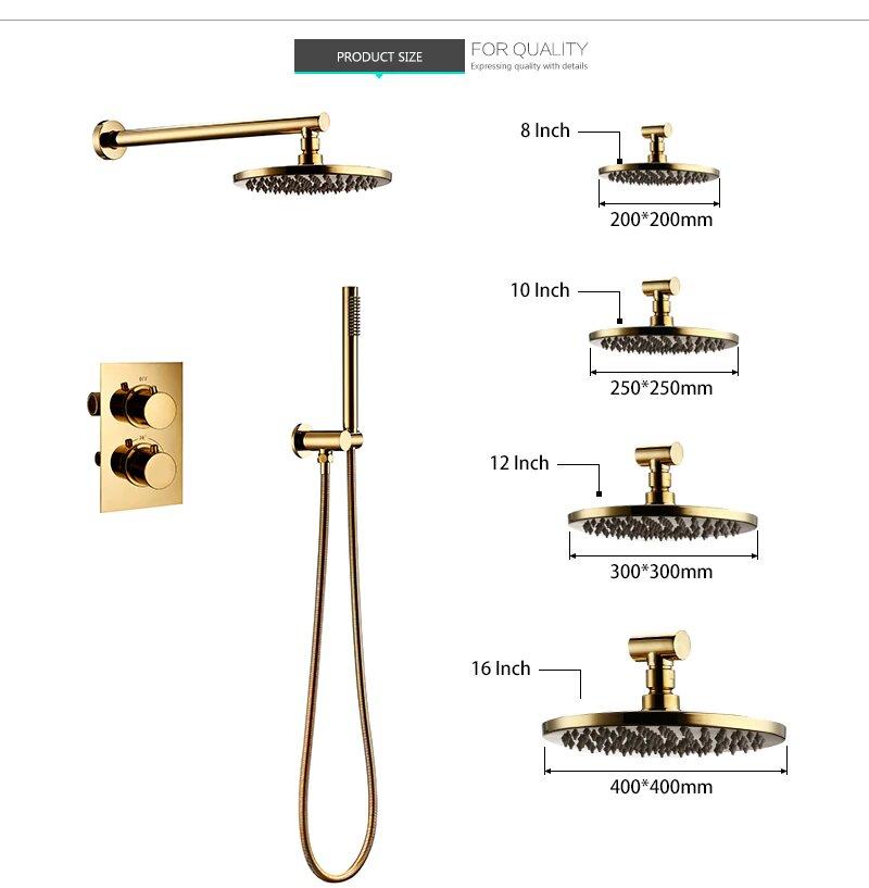 Gold Polished 16" Inch Round Thermostatic Shower 2 Way Function Diverter Shower Kit