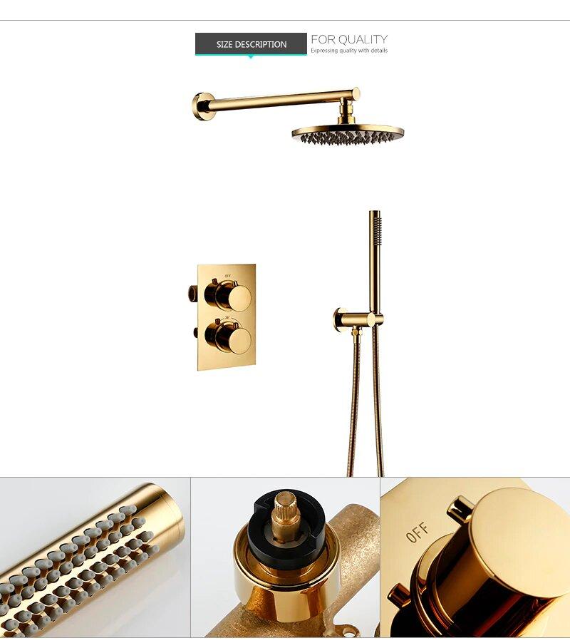 Gold Polished 16" Inch Round Thermostatic Shower 2 Way Function Diverter Shower Kit