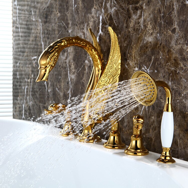 Swan Gold polished pvd platted 5 pieces deck mount bathtub filler faucet kit