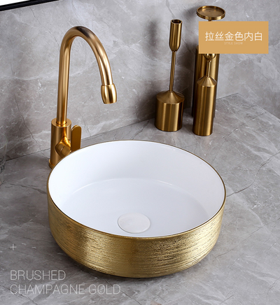 Gold-Rose Gold-Silver Round Ceramic Vessel Sink 14"