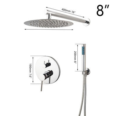 Chrome round CUPC-8-10-12-16 Inch rain head 2 or 3 way function diverter Pressure Balance shower kit