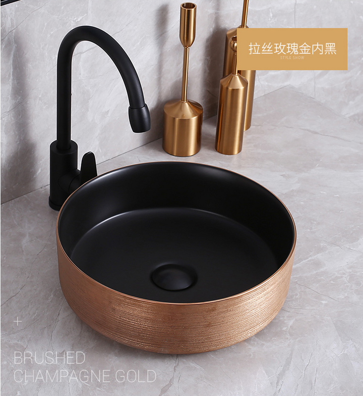 Gold-Rose Gold-Silver Round Ceramic Vessel Sink 14"