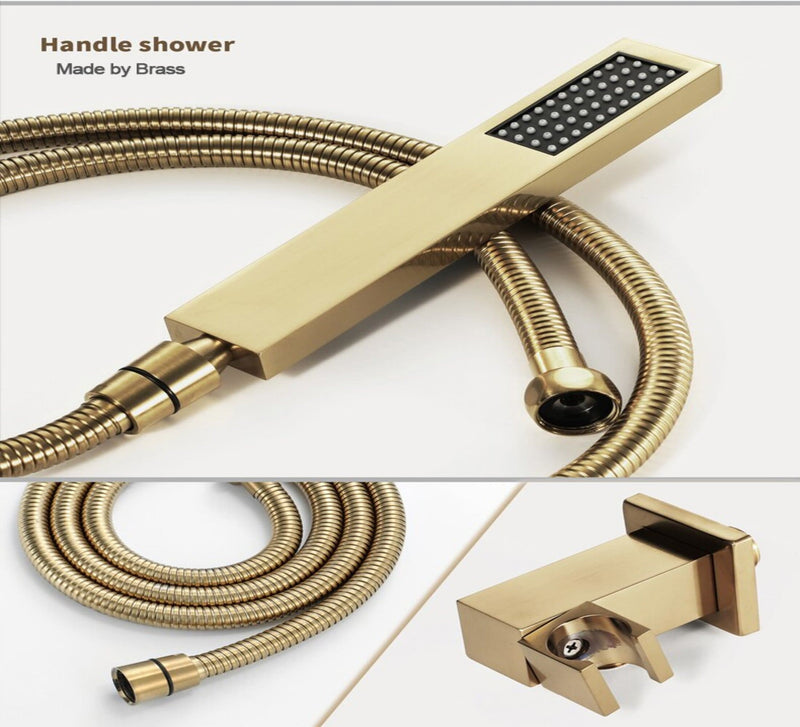 Brushed Gold Ceiling Mount Flush  LED 23" X 15"  Waterfall,Mist and Rain Shower Head System 5 Way Function , Hand Held Spray and 4 FlushMount Body Sprayer