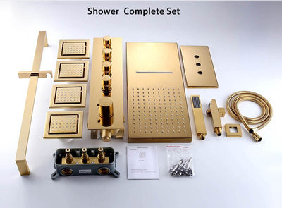 Polished Gold  Waterfall- Rain Head Shower Thermostatic 4 Way Complete System Set