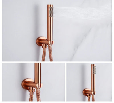 Brushed Rose Gold Satin  12" Round rain Head 2 Way Function Diverter with hand spray thermostatic  shower kit