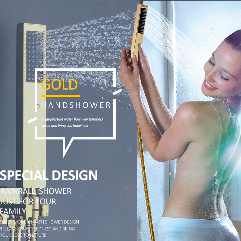Gold polished led power 3 way function diverter control with 6 body jets shower kit