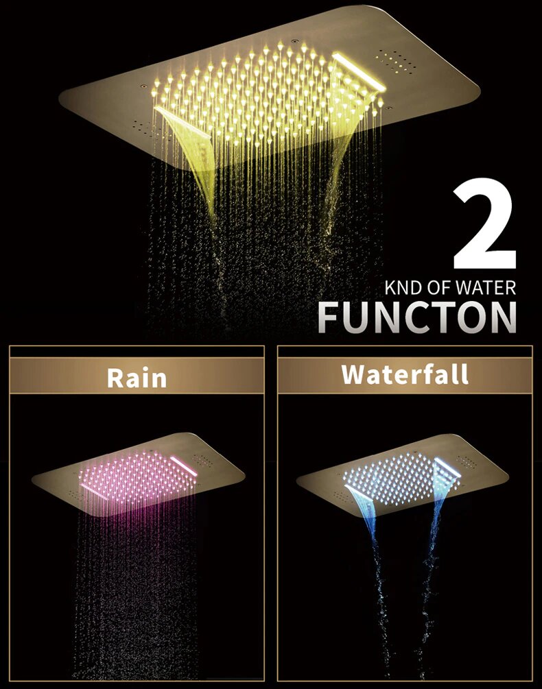 Brushed Gold Ceiling Mount Flush  LED 23" X 15"  Waterfall,Mist and Rain Shower Head System 5 Way Function , Hand Held Spray and 4 FlushMount Body Sprayer