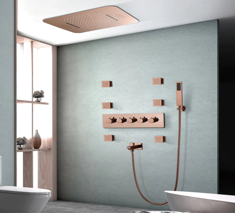 Rose Gold LED Flush Mount 23"X15" Reain Head with Manual 5 Functions Control Diverter Thermostatic, Hand spray , and 6 body jets spa system kit