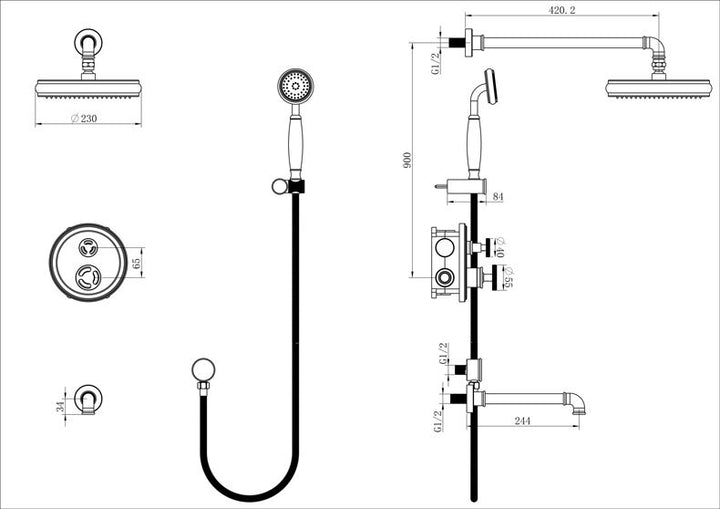 Gold polished brass Victorian Industrial Style 2 and 3 Way Function Shower with tub filler completed Kit