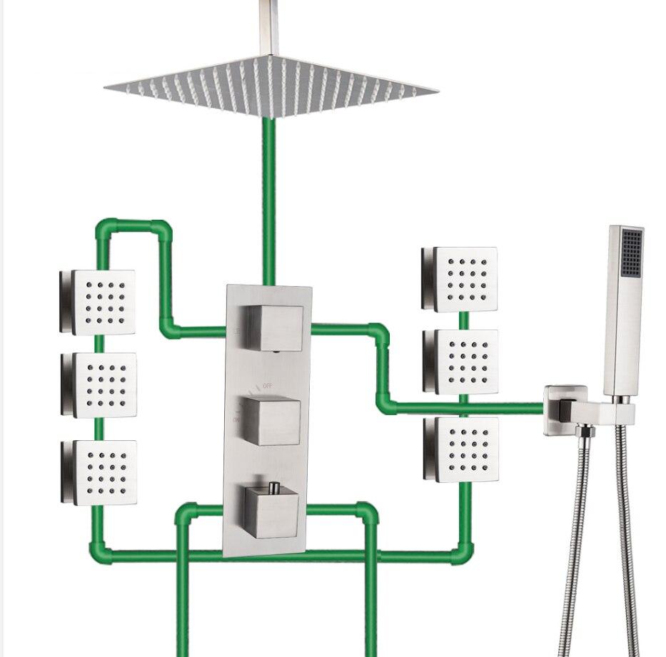 Chrome CSA 12" LED Rain Shower Head Thermostatic Valve 6 PCS Jets Hand Shower Cell Mounted Jets Hand Shower Sprayer
