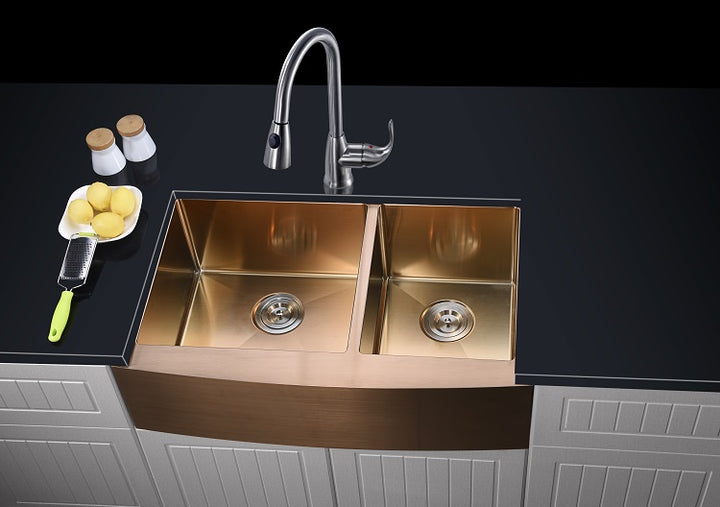 Brushed Copper Rose Gold  - Farmer Apron Double Kitchen Sink Size 32"x 20 " 60/40