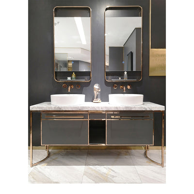 Bulgari 2-Grey Gloss with Rose Gold Polished Trim with Bianco Marble Top Single Bowl Freestanding Bathroom