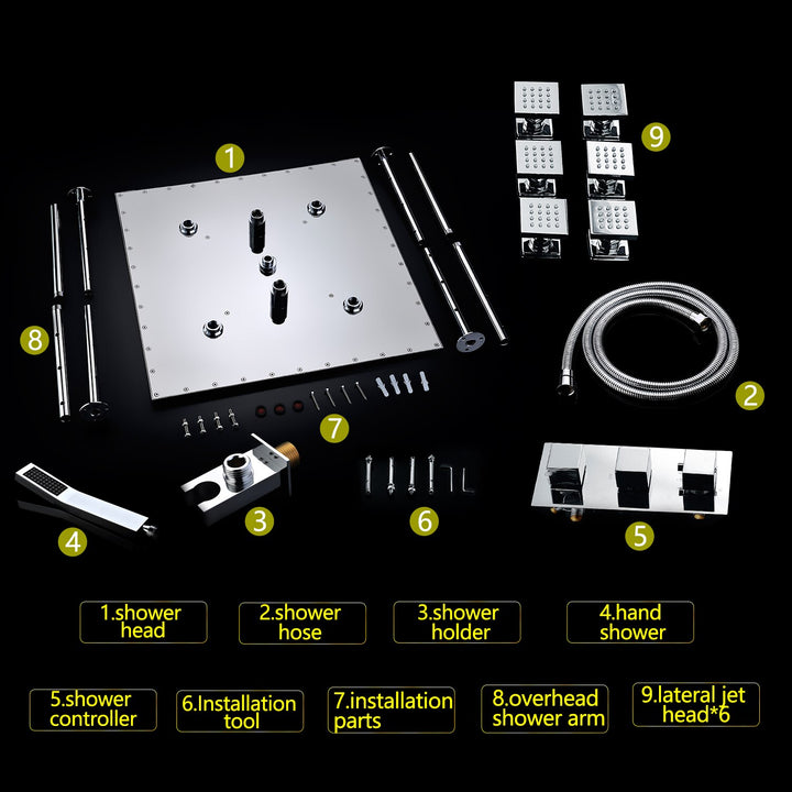 Chrome CSA - 20"x20" Rain head thermostatic 4 way function diverter completer shower kit