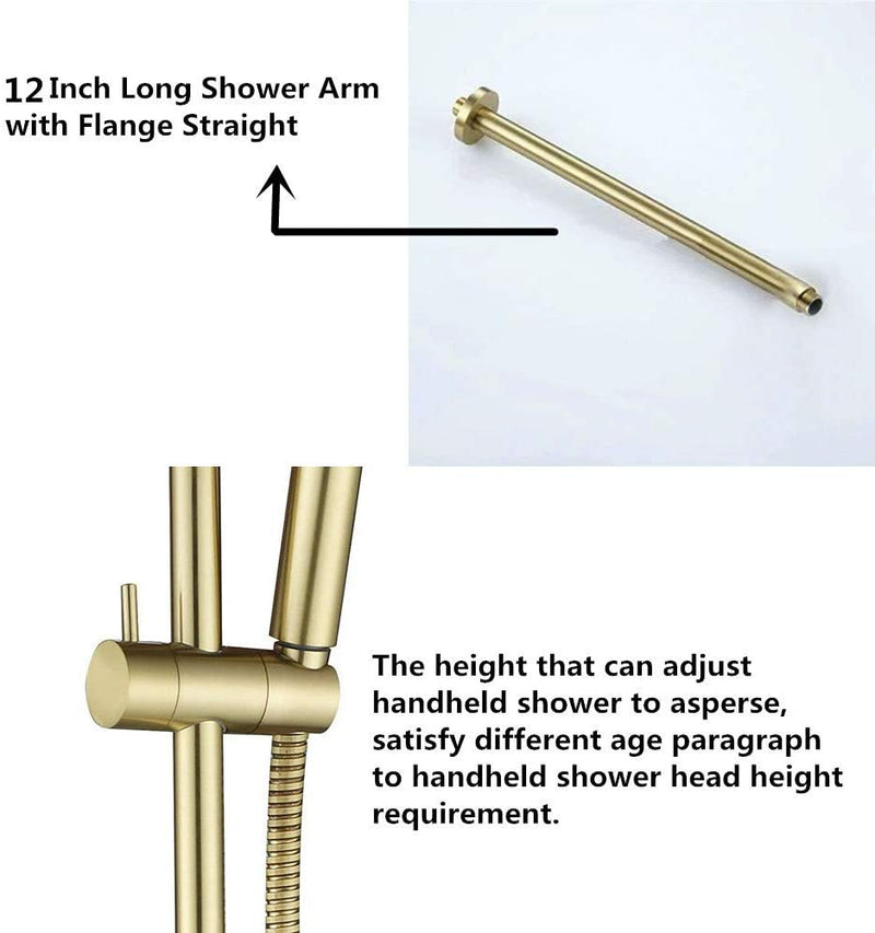 Brushed Gold - Round 12 Inch Rain Shower Head 2 Way Diverter Pressure Balance Shower Kit