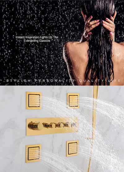 Polished Gold  Waterfall- Rain Head Shower Thermostatic 4 Way Complete System Set