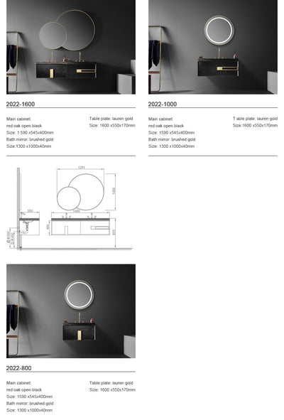 Nero-Black with brushed gold wall hung double sinks bathroom vanity 62"
