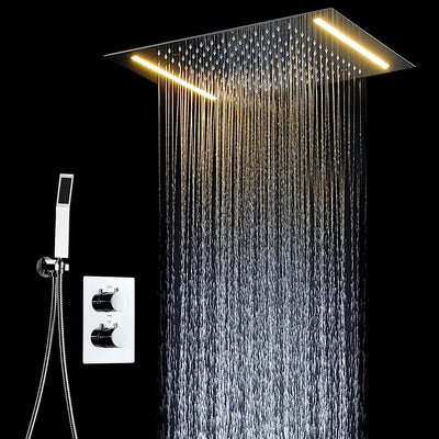 Chrome LED 24"x15" Ceiling Flushmount Rain Head 2 Way Function Thermostatic shower system