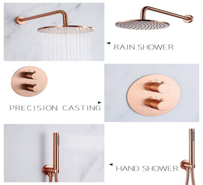 Brushed Rose Gold Satin  12" Round rain Head 2 Way Function Diverter with hand spray thermostatic  shower kit