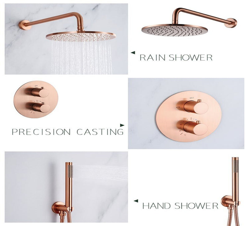 Brushed Rose Gold Satin  10" Round rain Head 2 Way Function Diverter with hand spray thermostatic  shower kit