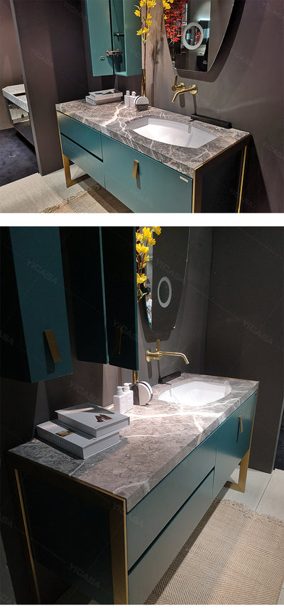 Bisoni-Turquoise Green with brushed gold freestanding vanity 55" x 21"