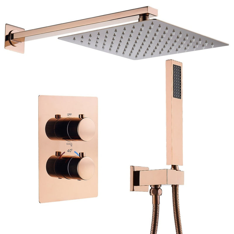Rose Gold Square 10" Inch Rain Head 2 0r 3 Way Function Diverter Thermostatic Shower Kit