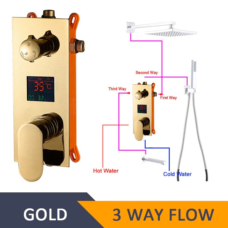 Gold polished led power 3 way function diverter control with 6 body jets shower kit