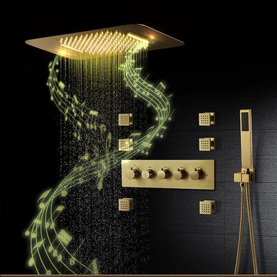 Brushed Gold Thermostatic Bluetooth Music Shower System Smart LED 23"x15" Ceiling Rain Shower Panel 5 function diverter, hand spray and 6 jet massage spray spa system set