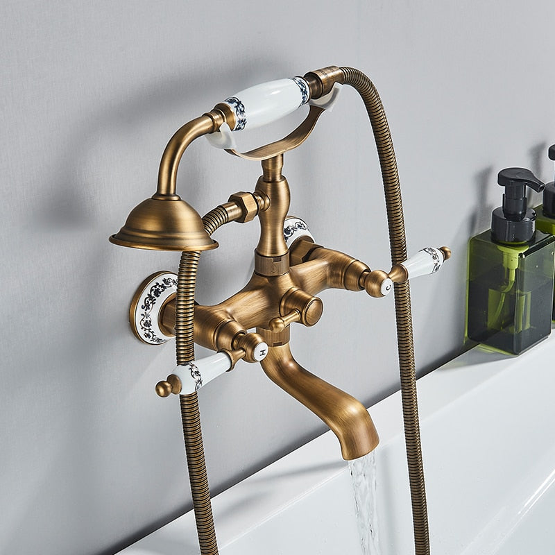 Victorian Antique Dual Cross Handles Knobs Wall Mounted Bathtub Filler faucet Mixer with Handshower Srt