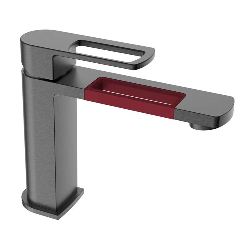 Grey gun with red single hole bathroom faucet