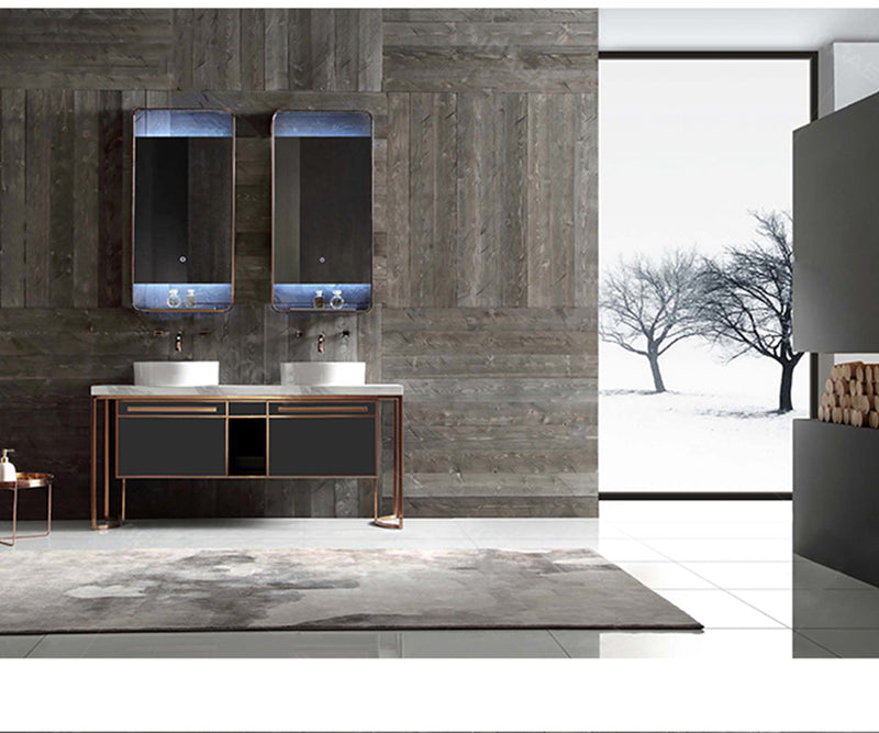 Bulgari 2-Grey Gloss with Rose Gold Polished Trim with Bianco Marble Top Single Bowl Freestanding Bathroom