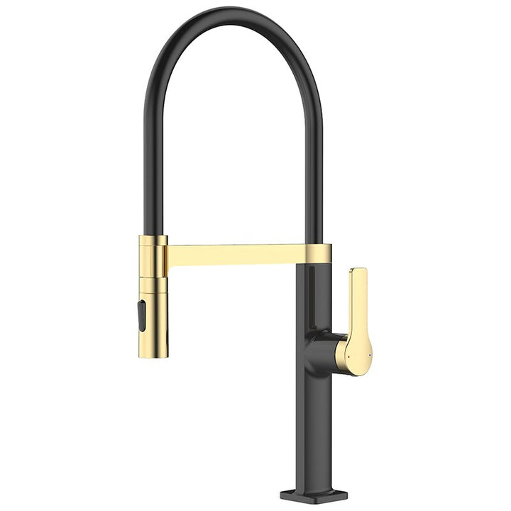 Barolo-Nordic design-Black with brushed gold -black matte- tall 21" pull our dual spray kitchen faucet