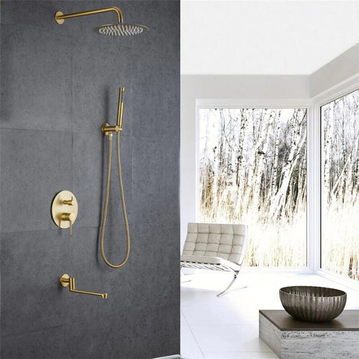 CSA Certified-Brushed Gold Round 10 Inch Rain Head 3 Way Diverter & Tub Filler Shower Kit